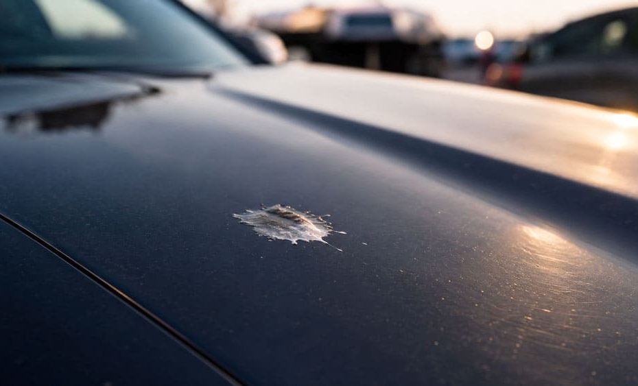 Свежий птичий помёт на тёмном лакокрасочном покрытии капота автомобиля, макросъёмка