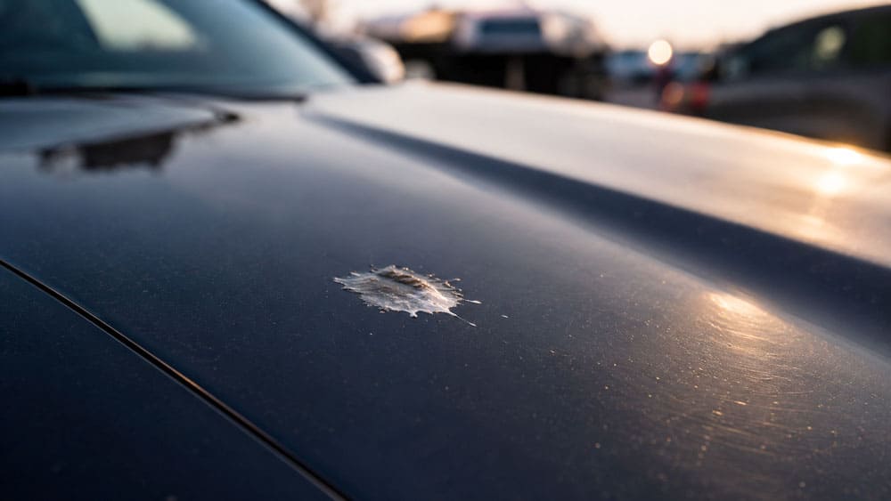 Свежий птичий помёт на тёмном лакокрасочном покрытии капота автомобиля, макросъёмка